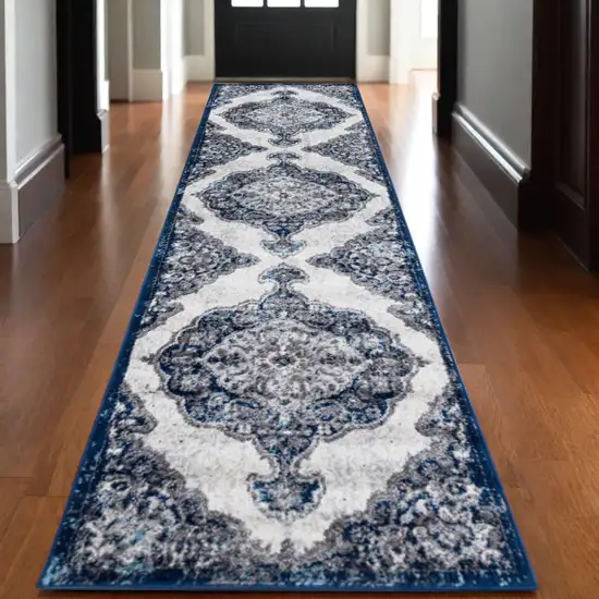 10' Navy and Ivory Medallion Power Loom Runner Rug Photo 1