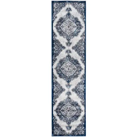 10' Navy Blue Medallion Power Loom Runner Rug Photo 1