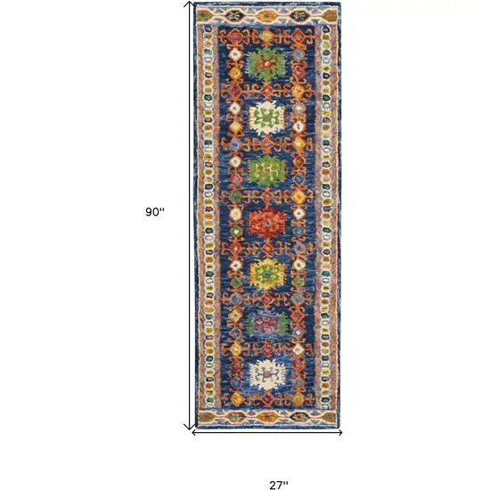 8' Navy Blue Orange And Green Wool Floral Hand Tufted Distressed Runner Rug Photo 3