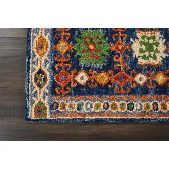 8' Navy Blue Orange And Green Wool Floral Hand Tufted Distressed Runner Rug Photo 7