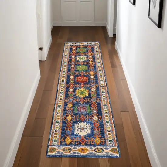 8' Navy Blue Orange And Green Wool Floral Hand Tufted Distressed Runner Rug Photo 1