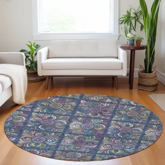 8' Navy Blue Purple And Teal Blue Round Medallion Washable Indoor Outdoor Area Rug Photo 8