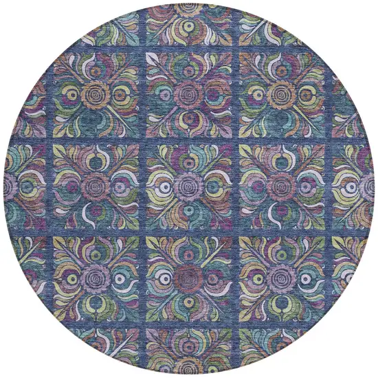 8' Navy Blue Purple And Teal Blue Round Medallion Washable Indoor Outdoor Area Rug Photo 6