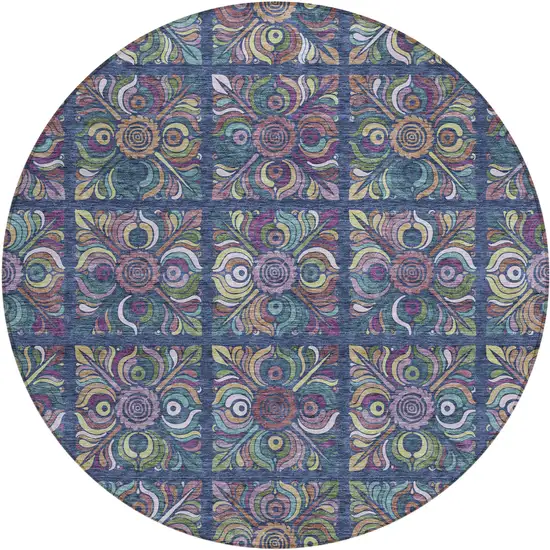 8' Navy Blue Purple And Teal Blue Round Medallion Washable Indoor Outdoor Area Rug Photo 2