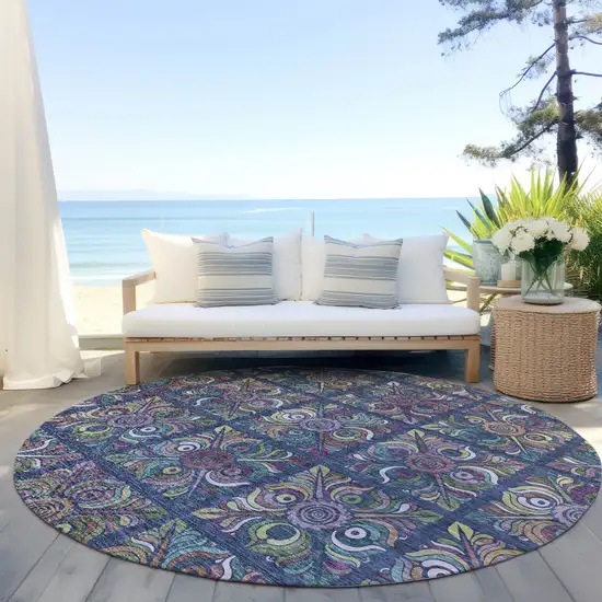 8' Navy Blue Purple And Teal Blue Round Medallion Washable Indoor Outdoor Area Rug Photo 7