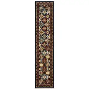 Photo of 12' Navy Blue Red And Orange Oriental Runner Rug With Fringe