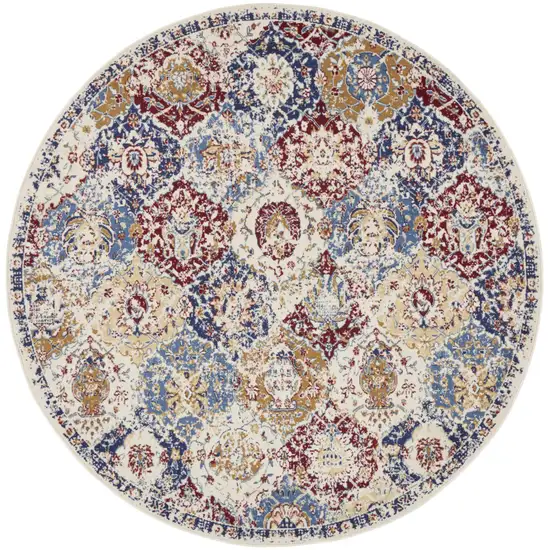 8' Navy Blue Round Damask Power Loom Distressed Area Rug Photo 5