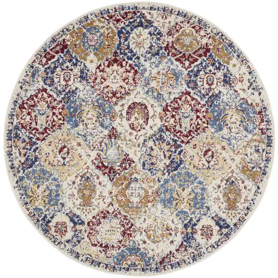 8' Navy Blue Round Damask Power Loom Distressed Area Rug Photo 1