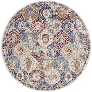 Photo of 8' Navy Blue Round Damask Power Loom Distressed Area Rug