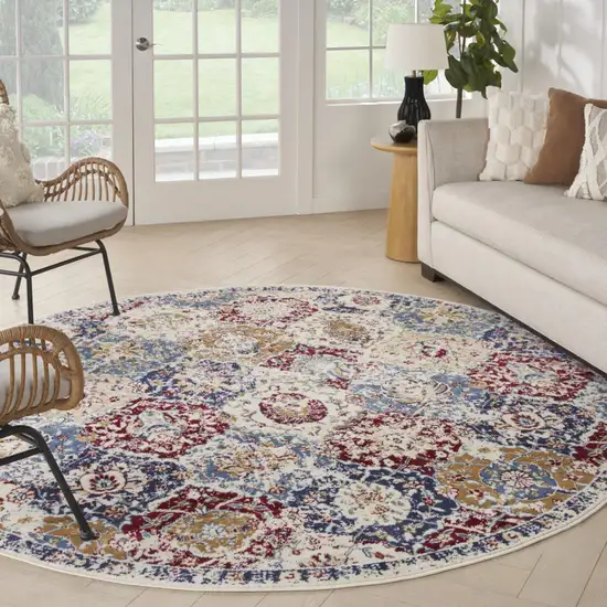 8' Navy Blue Round Damask Power Loom Distressed Area Rug Photo 6