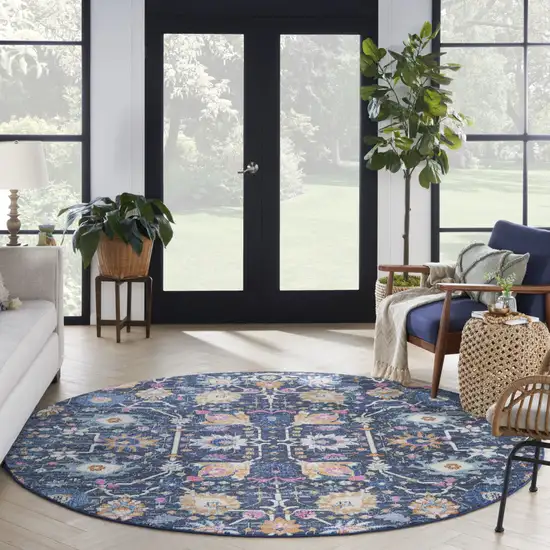 8' Navy Blue Round Floral Power Loom Area Rug Photo 8