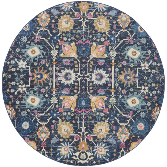 8' Navy Blue Round Floral Power Loom Area Rug Photo 1