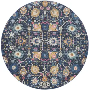 Photo of 8' Navy Blue Round Floral Power Loom Area Rug