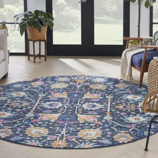 8' Navy Blue Round Floral Power Loom Area Rug Photo 7