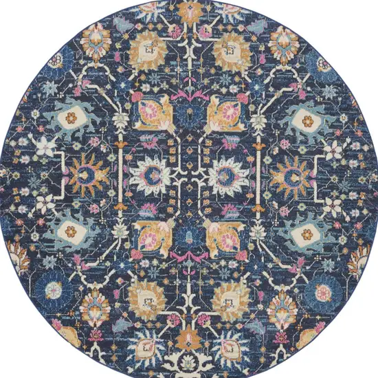 8' Navy Blue Round Floral Power Loom Area Rug Photo 8