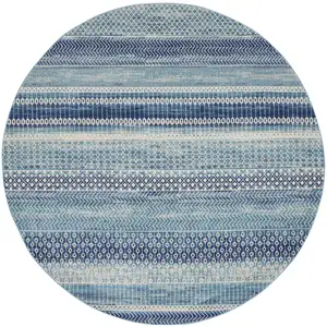 Photo of 8' Navy Blue Round Floral Power Loom Area Rug