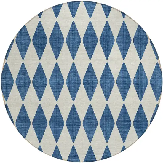 8' Navy Blue Round Geometric Washable Indoor Outdoor Area Rug Photo 2