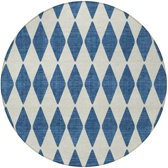 8' Navy Blue Round Geometric Washable Indoor Outdoor Area Rug Photo 5