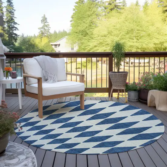 8' Navy Blue Round Geometric Washable Indoor Outdoor Area Rug Photo 6