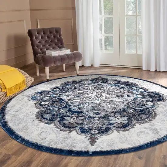 6' Navy Blue Round Medallion Power Loom Area Rug Photo 4