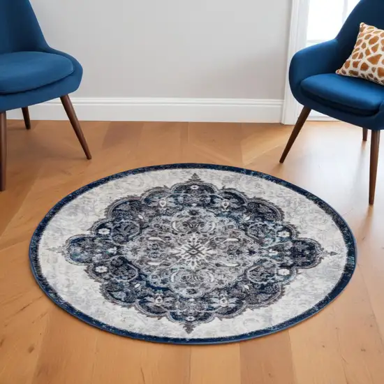 6' Navy and Ivory Medallion Power Loom Round Rug Photo 1