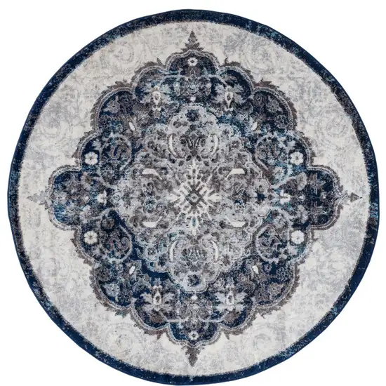 6' Navy Blue Round Medallion Power Loom Area Rug Photo 1