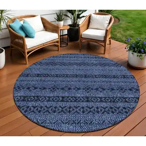 Photo of 8' Navy Blue Round Southwestern Washable Indoor Outdoor Area Rug