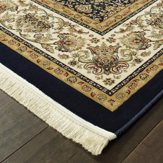 10' Navy Blue Tan And Ivory Oriental Runner Rug With Fringe Photo 6