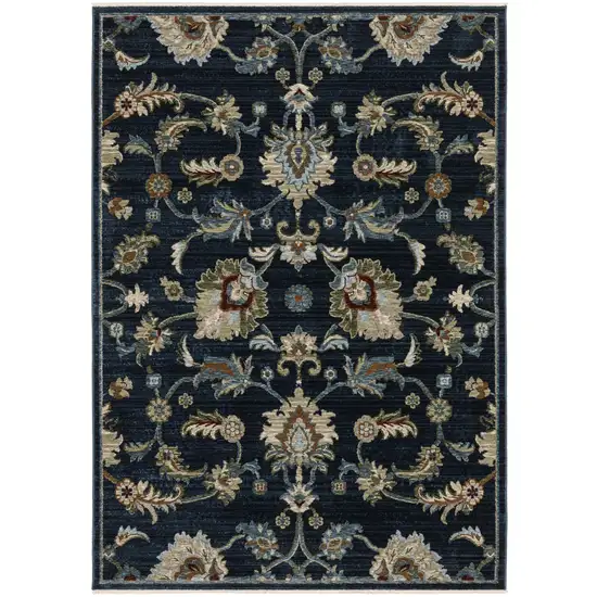 8' Navy Blue Tan And Teal Oriental Runner Rug With Fringe Photo 4