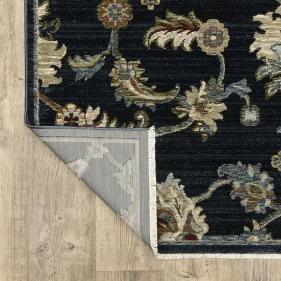 8' Navy Blue Tan And Teal Oriental Runner Rug With Fringe Photo 8