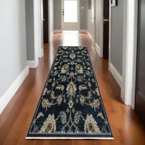 Photo of 8' Navy Blue Tan And Teal Oriental Runner Rug With Fringe