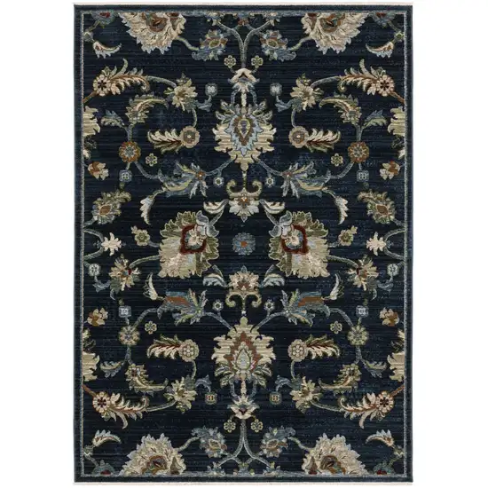 8' Navy Blue Tan And Teal Oriental Runner Rug With Fringe Photo 2