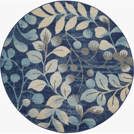 5' Navy Blue and Beige Botanical Leaves Round Rug Photo 2