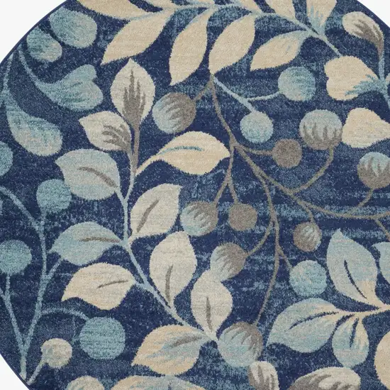 5' Navy Blue and Beige Botanical Leaves Round Rug Photo 6