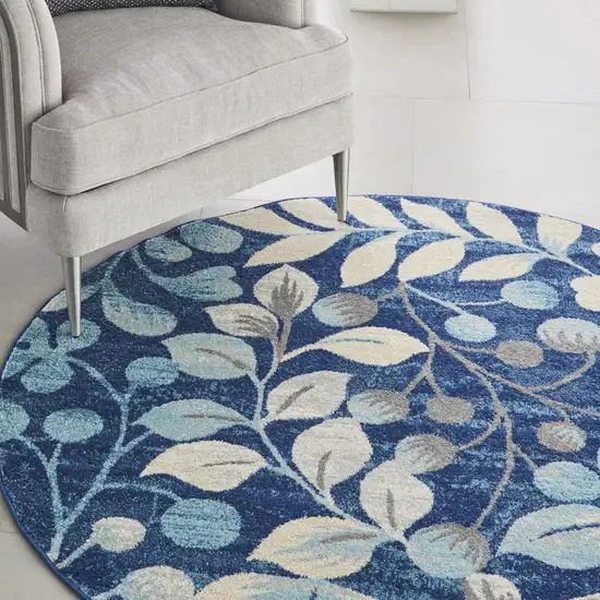 5' Navy Blue and Beige Botanical Leaves Round Rug Photo 8