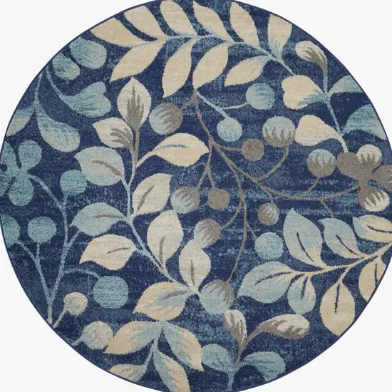 5' Navy Blue and Beige Botanical Leaves Round Rug Photo 7