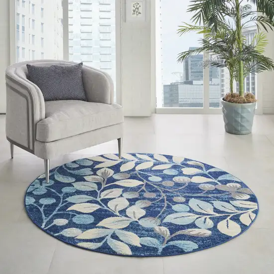 5' Navy Blue and Beige Botanical Leaves Round Rug Photo 9