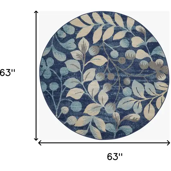 5' Navy Blue and Beige Botanical Leaves Round Rug Photo 3