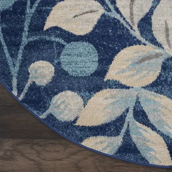 5' Navy Blue and Beige Botanical Leaves Round Rug Photo 4