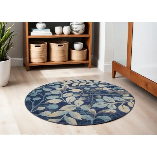 5' Navy Blue and Beige Botanical Leaves Round Rug Photo 1