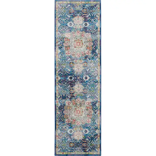 6' Navy Blue and Gold Floral Distressed Non Skid Runner Rug Photo 2