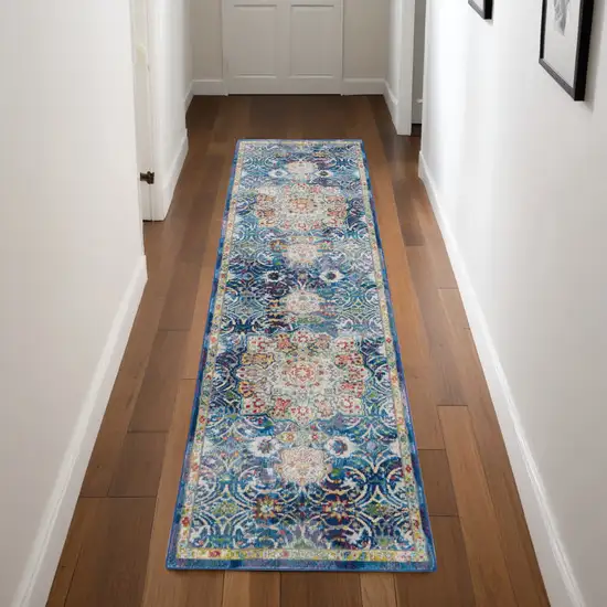 8' Navy Blue and Gold Floral Medallion Distressed Non Skid Runner Rug Photo 1