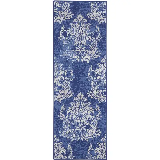 8' Navy Blue and Ivory Damask Distressed Non Skid Runner Rug Photo 2