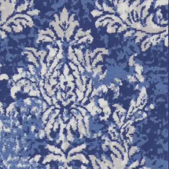 8' Navy Blue and Ivory Damask Distressed Non Skid Runner Rug Photo 5