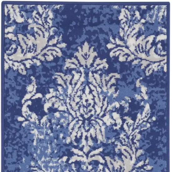 8' Navy Blue and Ivory Damask Distressed Non Skid Runner Rug Photo 6