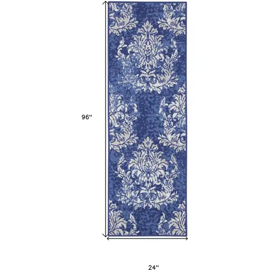 8' Navy Blue and Ivory Damask Distressed Non Skid Runner Rug Photo 3