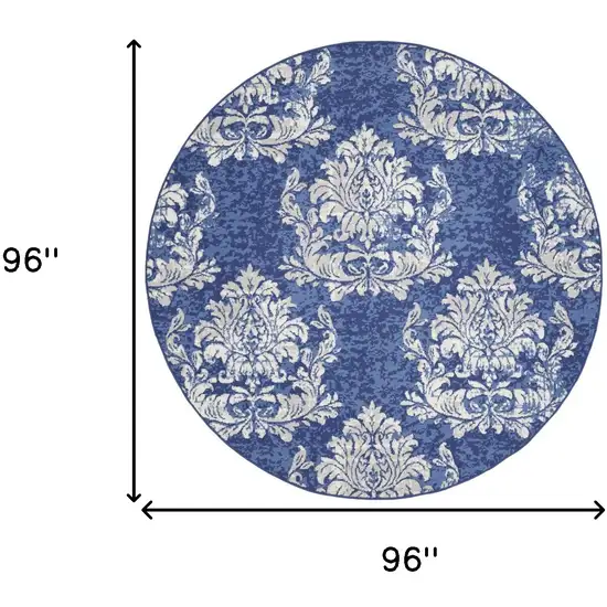 8' Navy Blue and Ivory Damask Distressed Round Rug Photo 3