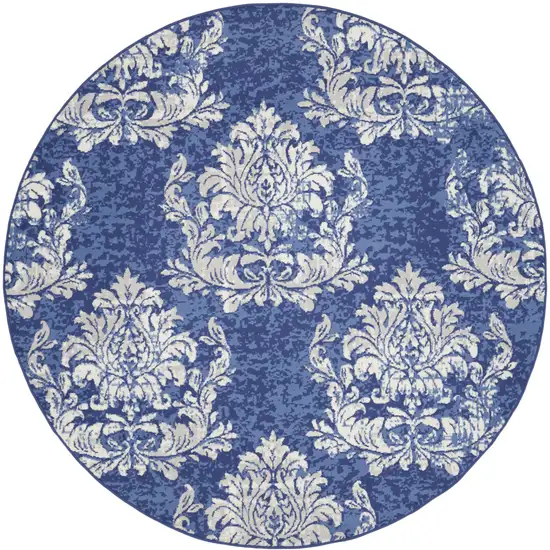 8' Navy Blue and Ivory Damask Distressed Round Rug Photo 2