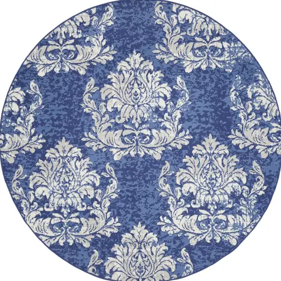 8' Navy Blue and Ivory Damask Distressed Round Rug Photo 5