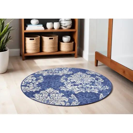 5' Navy Blue and Ivory Damask Distressed Round Rug Photo 1